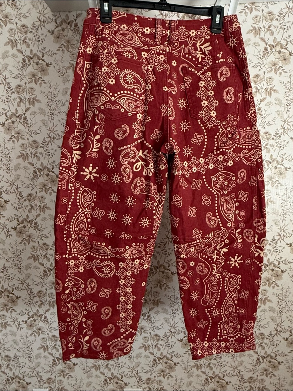 Boutique Red Bandana Paisley Printed Wide Leg Barrel Jeans - Picture 6 of 11